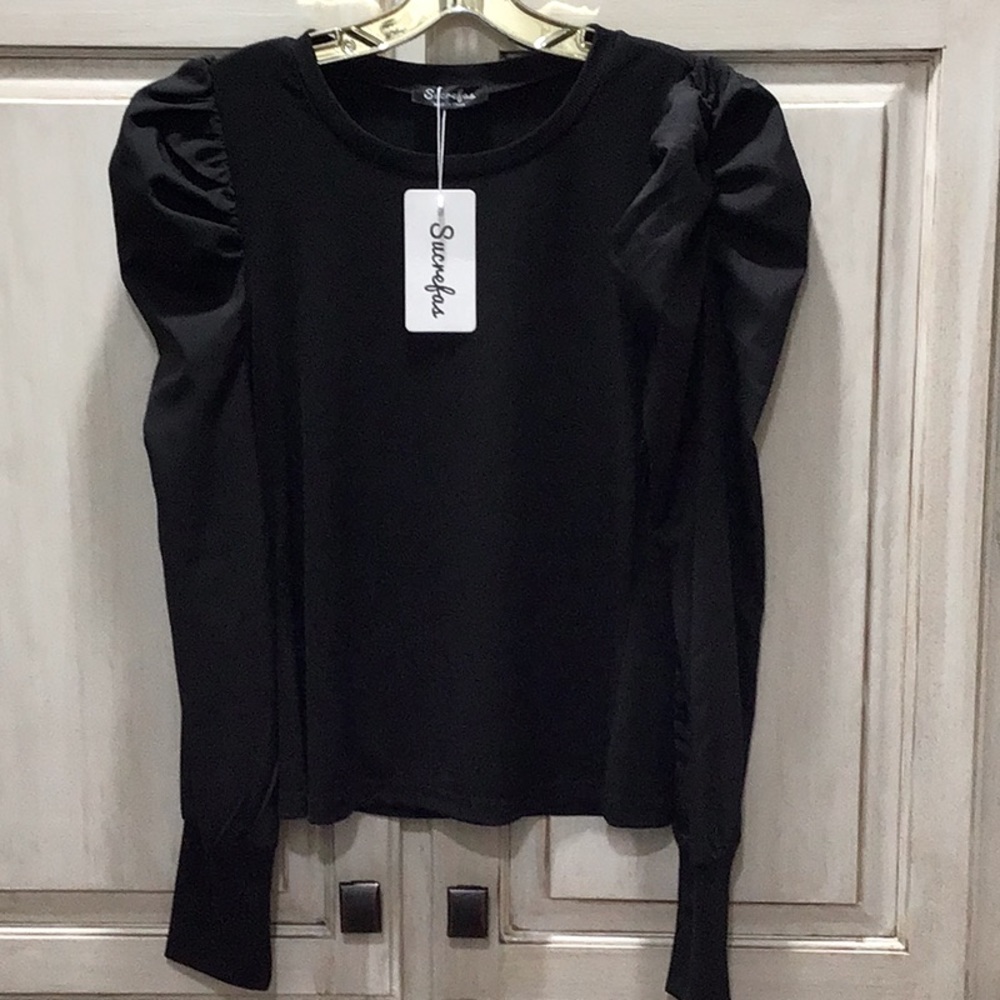 Puff sleeve shirt sweater long sleeve black size large 17 1/2 PTP